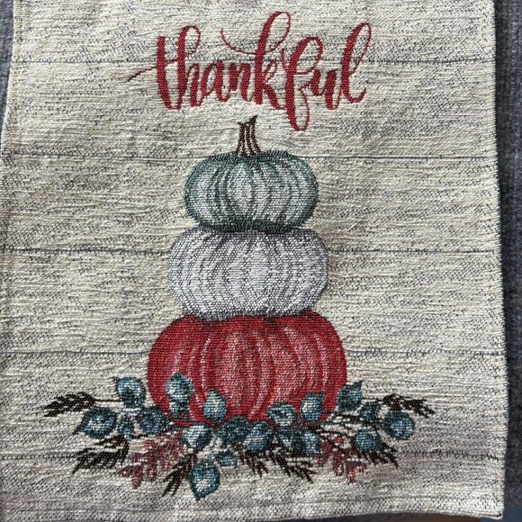 Thankful Fall Harvest Table Runner Woven Tapestry Pumpkins Floral 69” Holidays - Picture 4 of 11